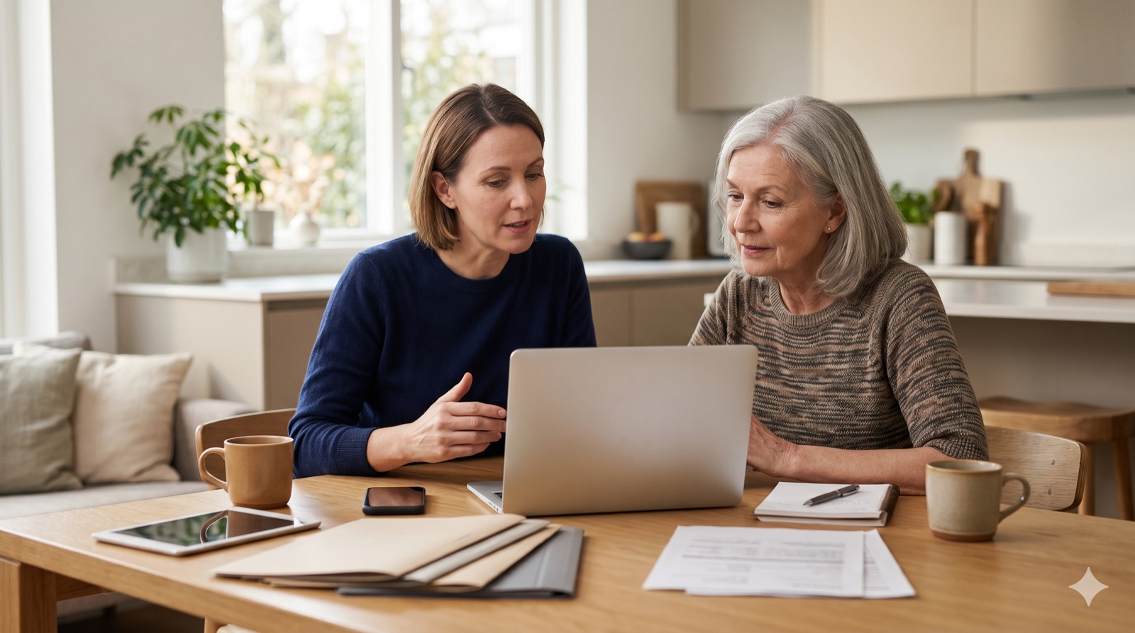 A daughter and her mother review online security settings together on a laptop at a kitchen table.